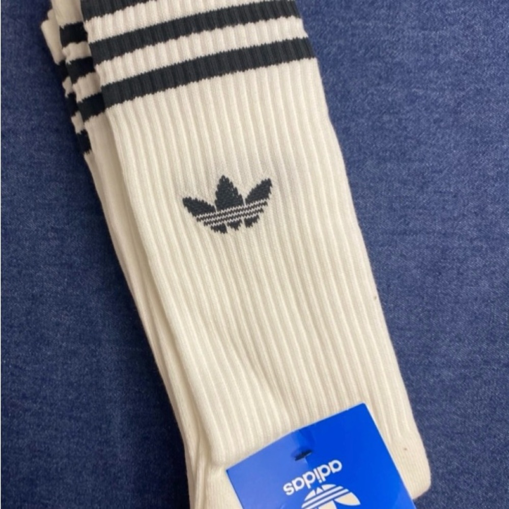 Adidas 3 Pack White Black Athletic Crew Socks Used Cushioned Logo